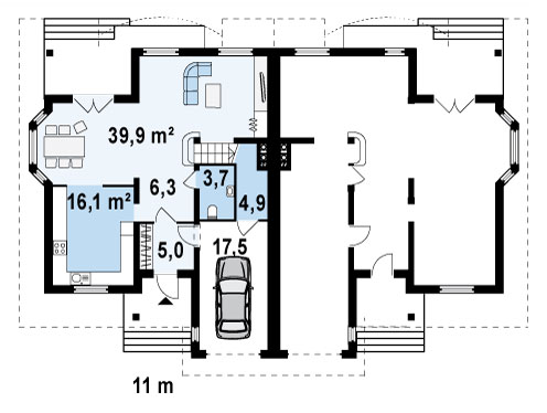 Проект дома на две семьи H002. План первого этажа