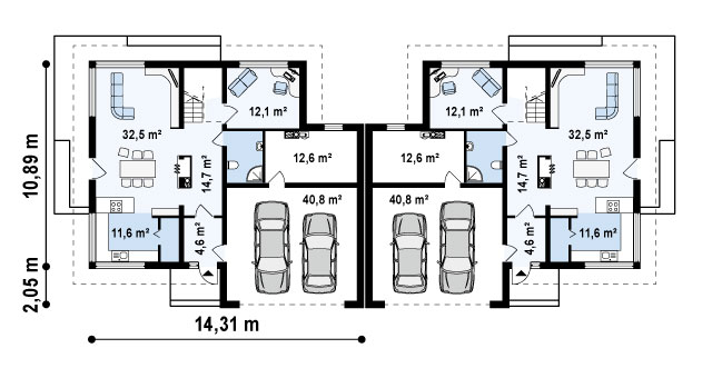 Проект дома на две семьи H001. План первого этажа