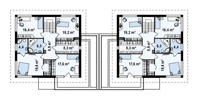 Проект дома на две семьи H001. План второго этажа